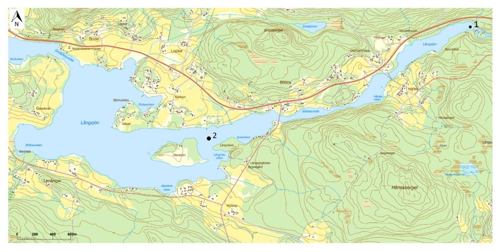 Figur 3: Karta över Långsjön. Skala 1:10 000. @Lantmäteriet I tabell 1 visas den sammanställda informationen om de tre sjöarna gällande höjd över havet, djup, avrinningsområden och ekologisk status.