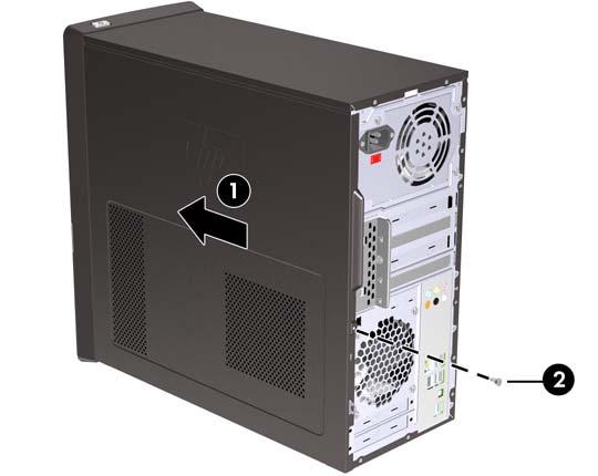 Sätta tillbaka datorns åtkomstpanel Sätt åtkomstpanelen i rätt läge i chassit, med cirka 1,3 cm av åtkomstpanelen utanför baksidan på datorn, och skjut in den tills den sitter på