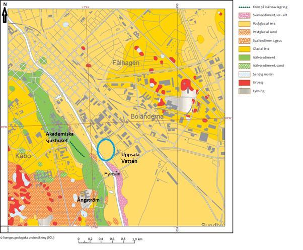 Figur 4. Undersökt område (blå ring) och jordartstyper i Uppsala ( Sveriges geologiska undersökning). Tabell 3. Jordens egenskaper i kvarteret Kölen.