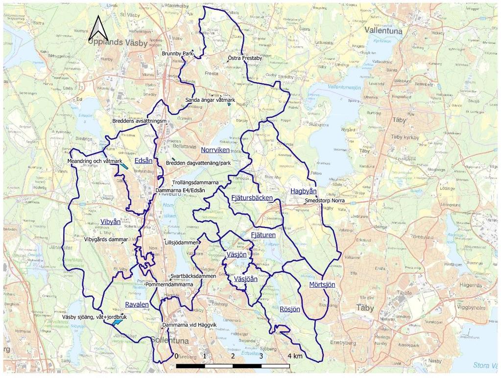 Figur visar recipienternas huvudavrinningsområden och dagvattenanläggningar. Figur. Översiktlig bild över recipienternas huvudavrinningsområde och deras dagvattenanläggningar (QGIS).