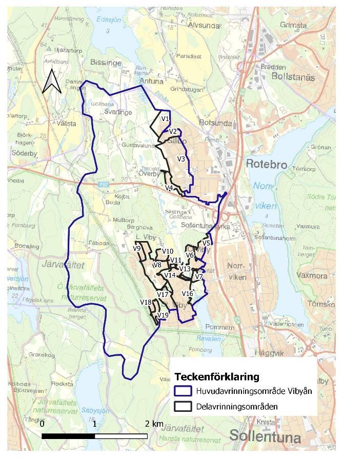 Avrinningsområdet I figur. redovisas en översiktlig bild över Vibyåns huvudavrinningsområde och delavrinningsområden. Figur.
