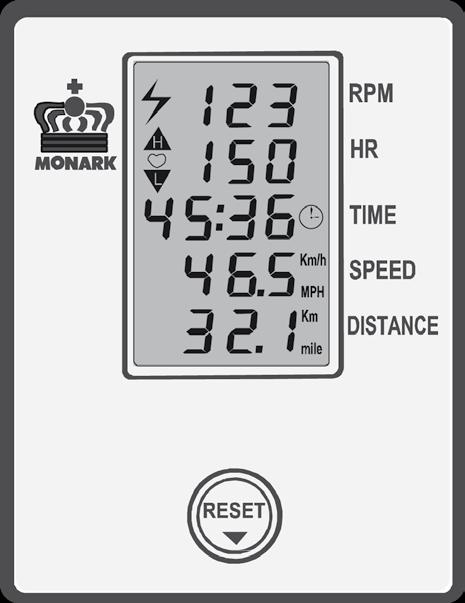 Mätarinstruktioner Display Värde Enhet Pedalvarv (RPM) 0-199 varv/min Hjärtfrekvens (HR) 50-240 slag/min Tid (TIME) 0:00-99: