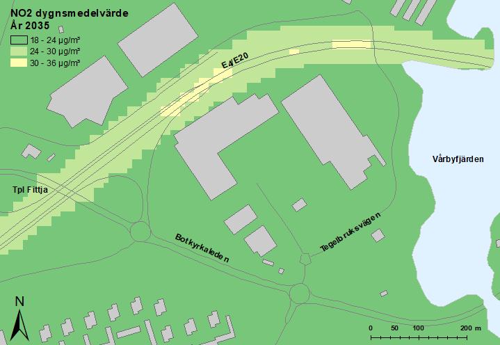 Det orangea området visar en zon som inte bör bebyggas för risk att överskrida miljömålen i utbyggnadsalternativet.