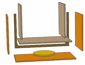 Kapa till formdelarna (C), (), (), 2st (), 2st () och 2 st (G) av 15 mm formplywood, enligt sprängskissen. äst den stavlimmade ekskivan (A) med silikon på (C).