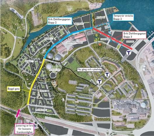 Genomförandebeslutet gäller dels huvudgatan genom utbyggnadsområdet, Erik Dahlbergsgatan, dels gång- och cykelförbindelsen mellan Gasverksområdet och Ropstens tunnelbanestation.