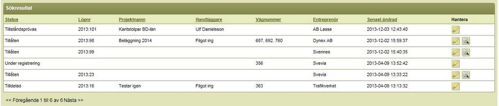 Sökresultatet: Klicka på förstoringsglaset och du erhåller en bild för att se uppgifterna om TA-Plan eller klicka på pennknappen och du erhåller en bild för att Skapa/Ändra/Ansök TA-planer, fliken