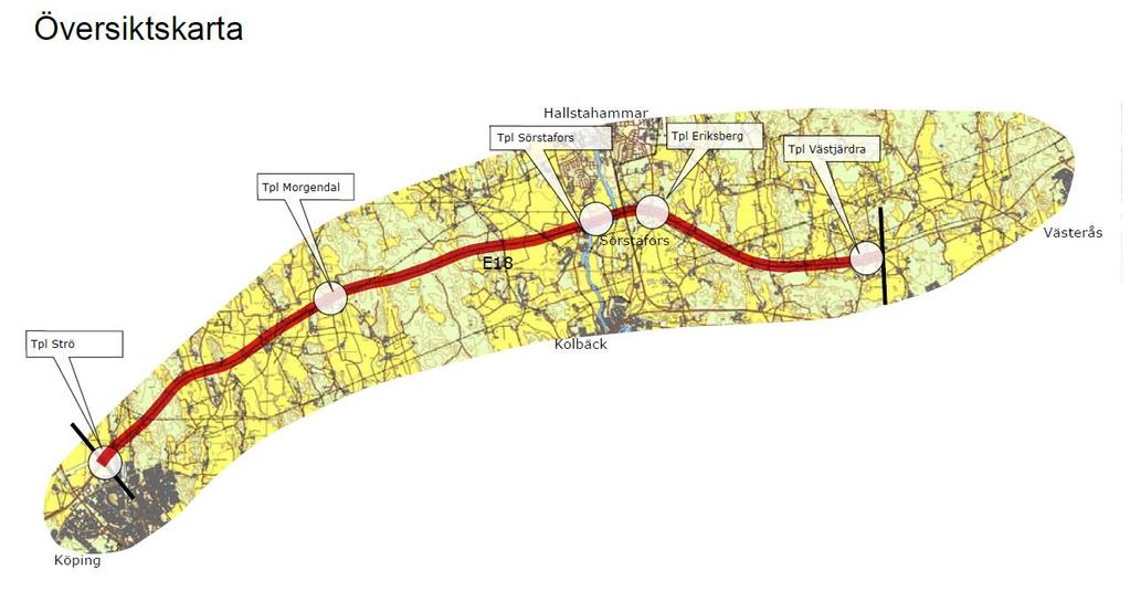 2 E18 Köping Västjädra 25 km MLV byggs om till MV ÅDT 14 500-20 000 fordon 14 broar 4 trafikplatser Trafikplats Västjädra Ramperna i