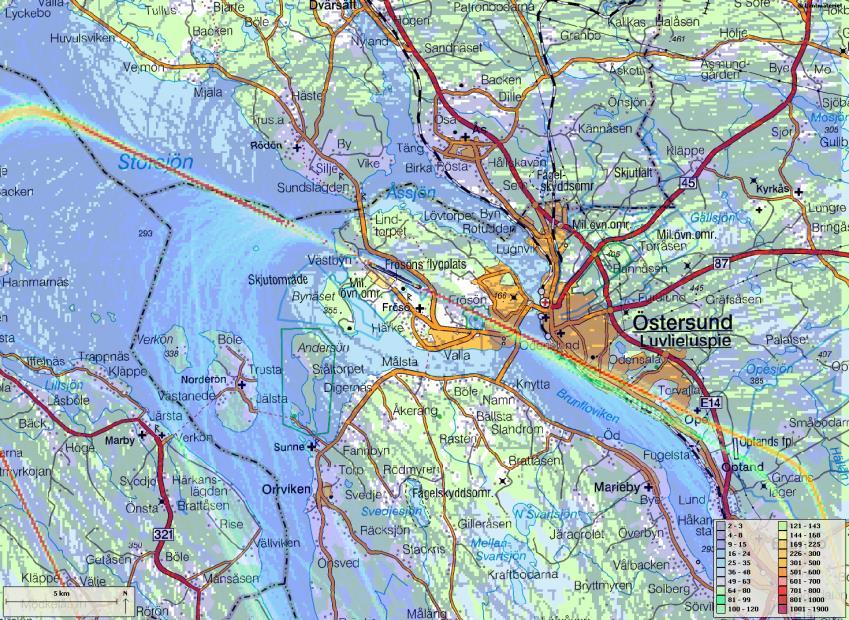överflygningar, se teckenförklaring. Figur 3 visar starter och figur 4 visar landningar. Figur 3. Flygtäthetsplot av 4300 starter 2018-01-01 2018-12-31 med turbopropeller och jetflygplan.