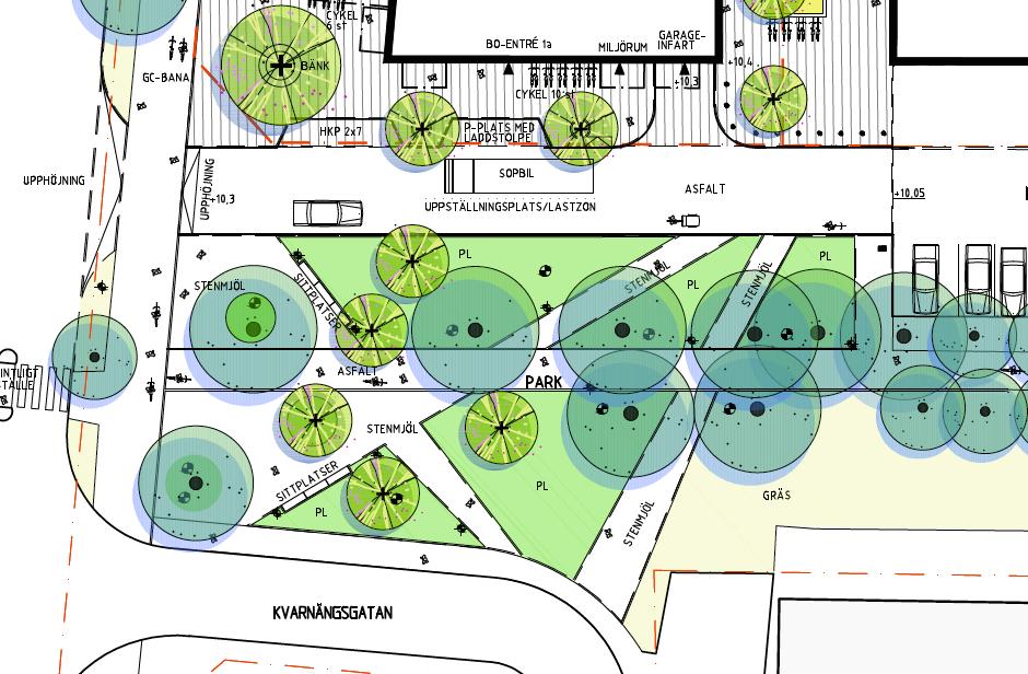 Park och naturmiljö Inom planområdet finns ingen park- eller naturmiljö. Planområdet angränsar dock till en mindre park i sydost som innehåller planteringar och sittmöjligheter, en så kallad fickpark.