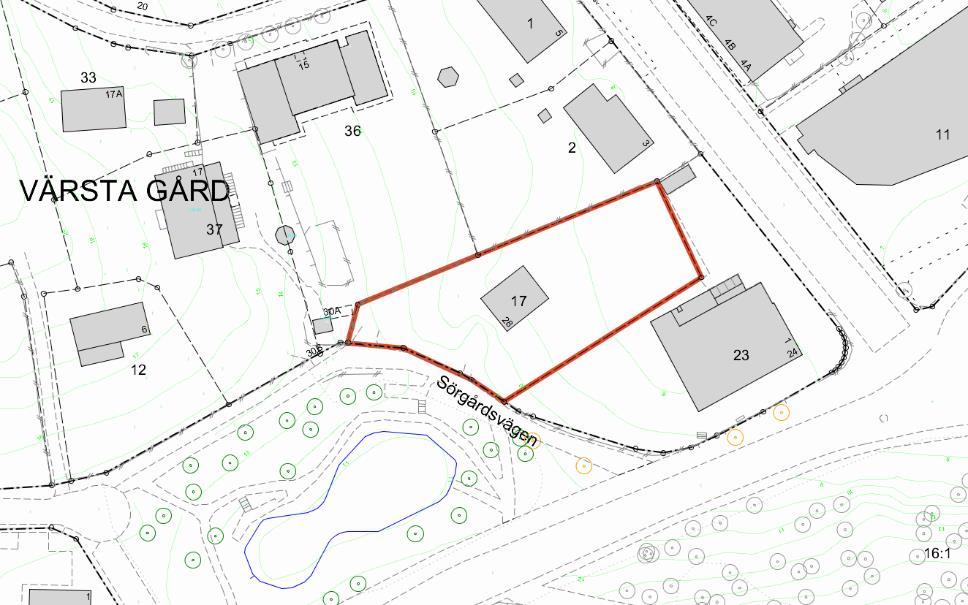 Sida 3 (8) Baskarteutdrag över del av kvarteret Värsta Gård med planområdet markerat med rött. Snedbild över planområdet.