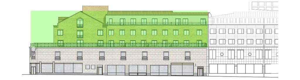 Del av byggnaden som vid eventuell 3d-fastighetsbildning föreslås styckas av för bostäder. Illustration längs Kungsängsgatan.