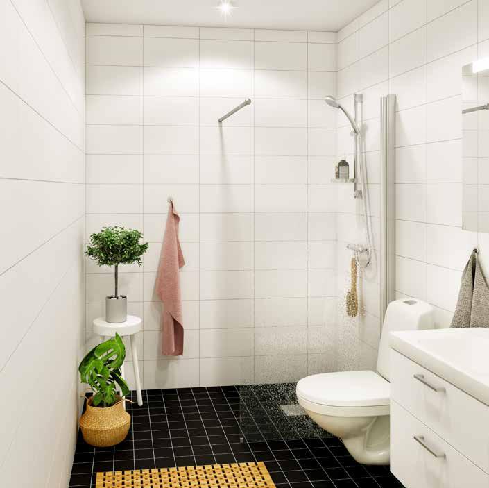 Badrum-Vårt val Smakfullt duschrum i modern och ljus design. Utanpåliggande spotlights i tak, stilrent matt kakel och tidlöst svart-gråskiftande klinkergolv gör komforten total.