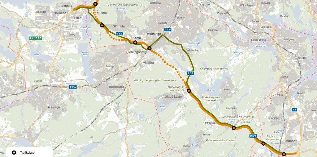 Tvärförbindelse Södertörn 20 km lång 3 tunnlar 5 km i tunnel 8 trafikplatser 2+2 körfält 80/100