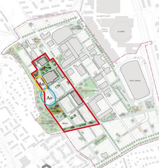 Sida 2 (6) Bild över Slakthusområdet. Röd markering visar etappgränsen. Blå markering visar kvarter för studentbostäder och idrottshall. Gul markering visar kvarter för forskarbostäder.