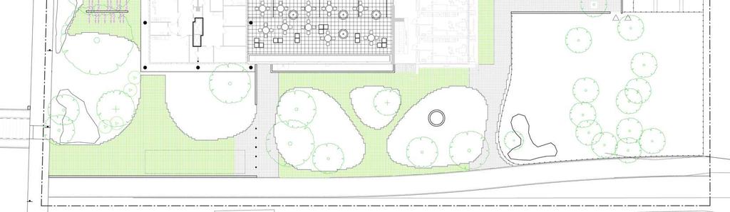 Marken planeras delvis som angöring, och i direkt anslutning marken direkt söder om huvudbyggnaden finns entréerna till studentbostäder i markplan och en takterrass.