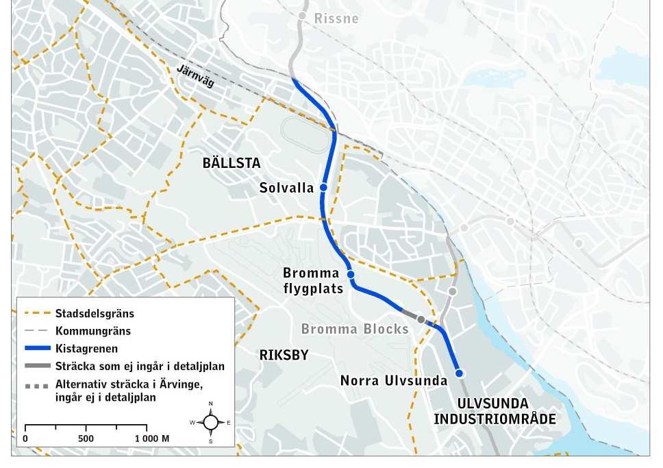 Illustrationen visar stadsdelarna som Kistagrenen passerar.