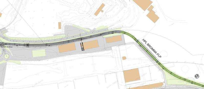Sida 25 (59) Illustration över Kistagrenen vid Bromma Blocks och hållplats Bromma flygplats. Sektion vid passage mellan Flygplatsinfarten och Bromma Blocks med stödmur och slänt.