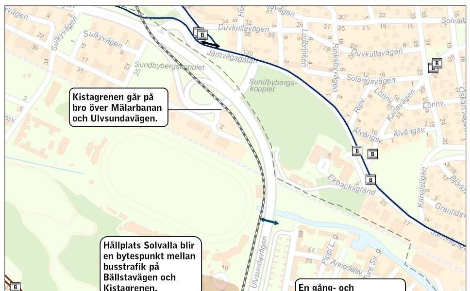 Sida 36 (59) Längs med flygplatsen och längs västra sidan om Ulvsundavägen går spårvägen på egen banvall fram till Bällstavägen.