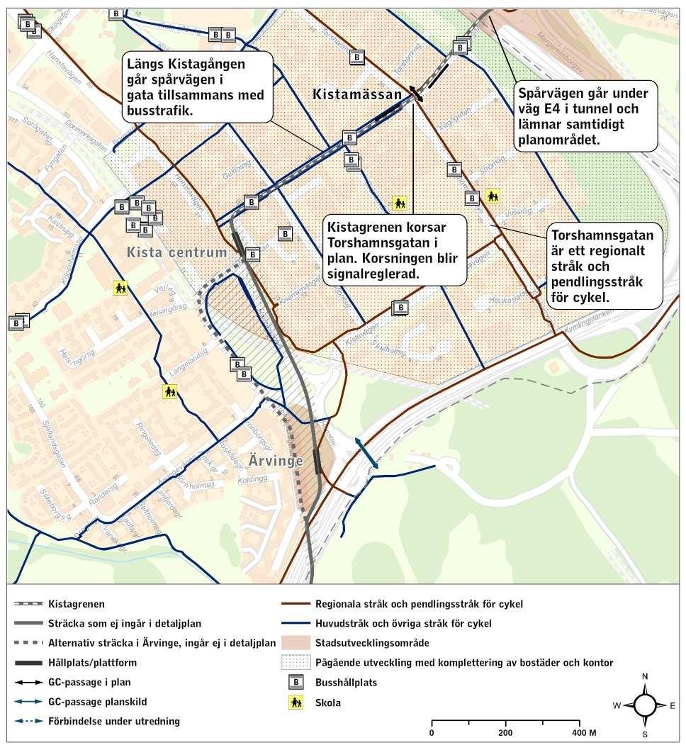 Sida 38 (59) Kartan visar Kistagrenen och dess påverkan på andra trafikslag från Jan Stenbecks torg och fram till kommungränsen vid väg E4. Hållplats Kistamässan förläggs i närheten av Kistamässan.