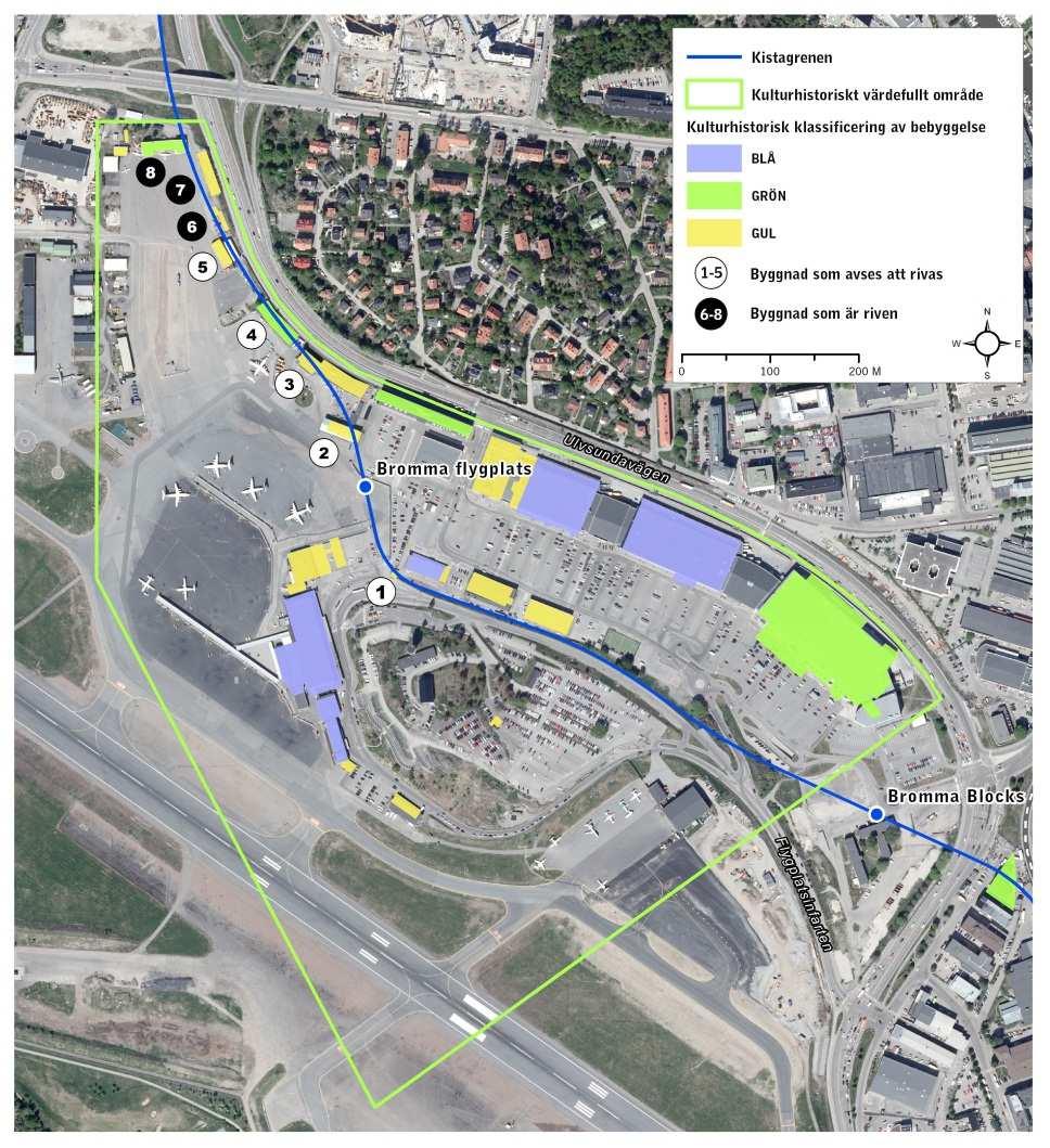 Sida 42 (59) Bromma flygplats är inringat med grön linje, vilket betyder att flygplatsområdet av Stockholms stadsmuseum har bedömts och utpekats som ett av stadens kulturhistoriskt värdefulla områden