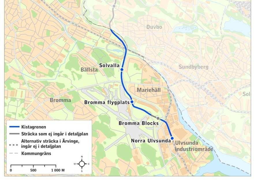 Totalt är Kistagrenen 8 km lång, har 10 hållplatser och passerar genom kommunerna Stockholm, Sundbyberg och Sollentuna.