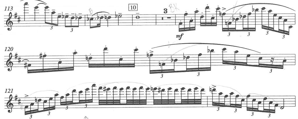 Takt 119-122. Utmaningen här var de snabba oktavsprången i takt 119 som kräver en flexibel embouchure då man ska växla mellan bred och smal spalt till smal och hög spalt.