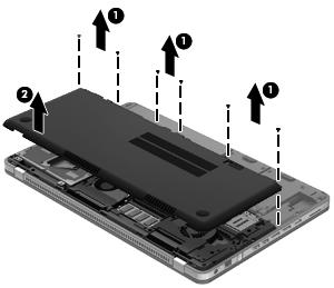 b. Ta bort luckan (2). 6. Koppla bort batterikabeln från datorn.