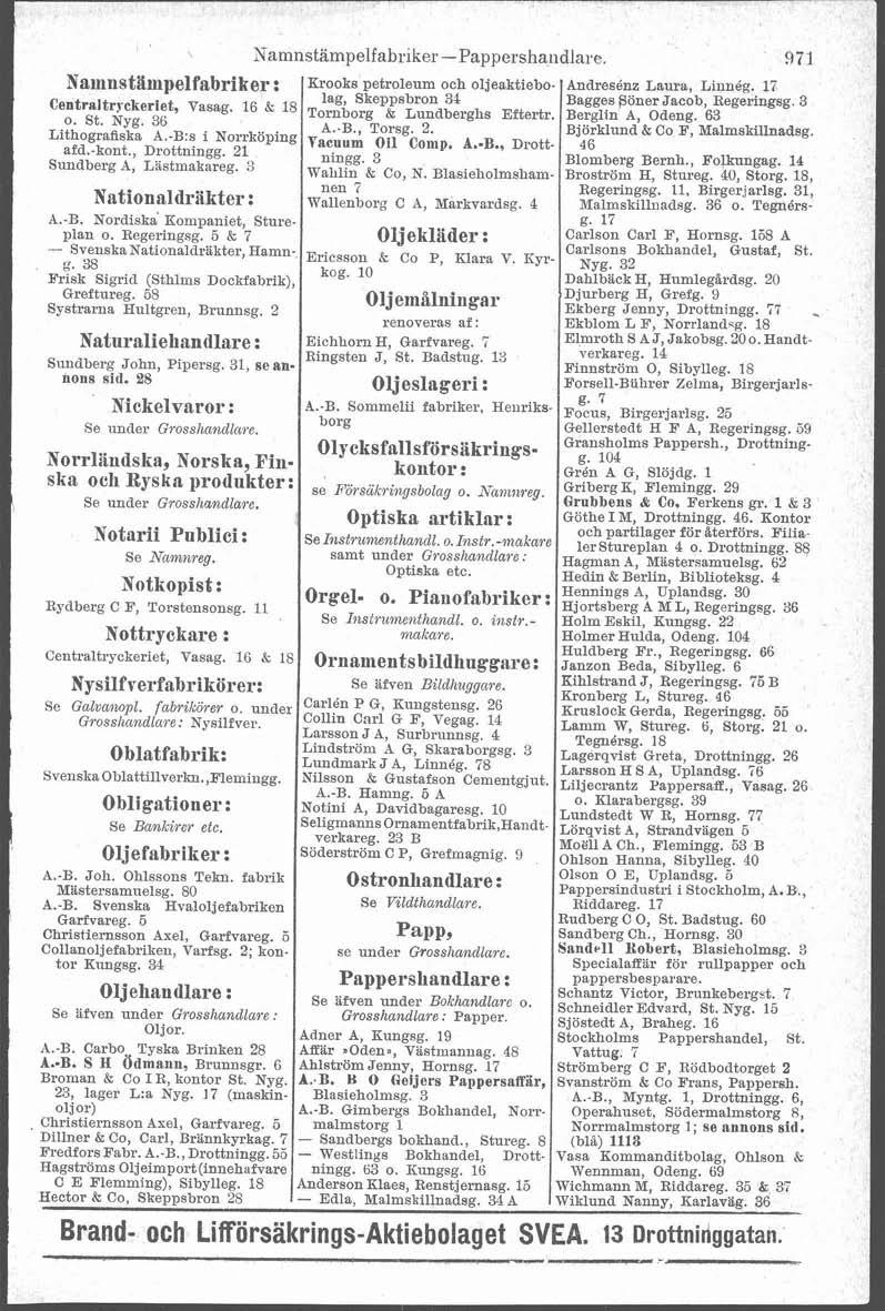 Namnstampelfabriker -Pappershaiidla~e. 971 Namnstanipelfabriker : Erooks petroleum och oljeaktiebo- Andresénz Laura, Linnég.
