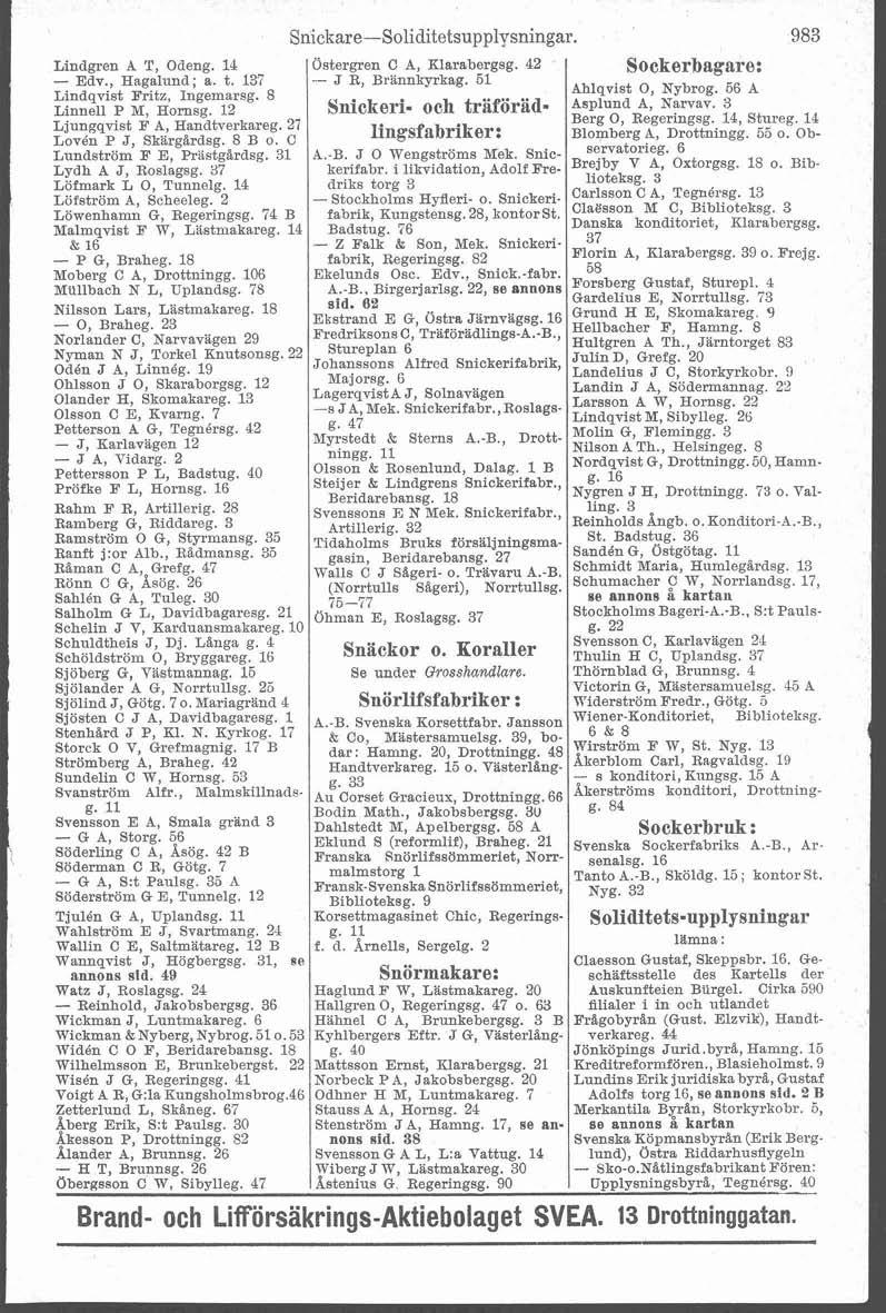 Snickare-Soliditetsupplysningar. Lindgren A T, Odeng. 14 Östergren C A, Klarabergsg. 42 Sockerbagare: - Edv., Hagalund; a. t. 137 -- J R, Brannkyrkag. 51 Lindqvist Fritz, Ingemarsg.
