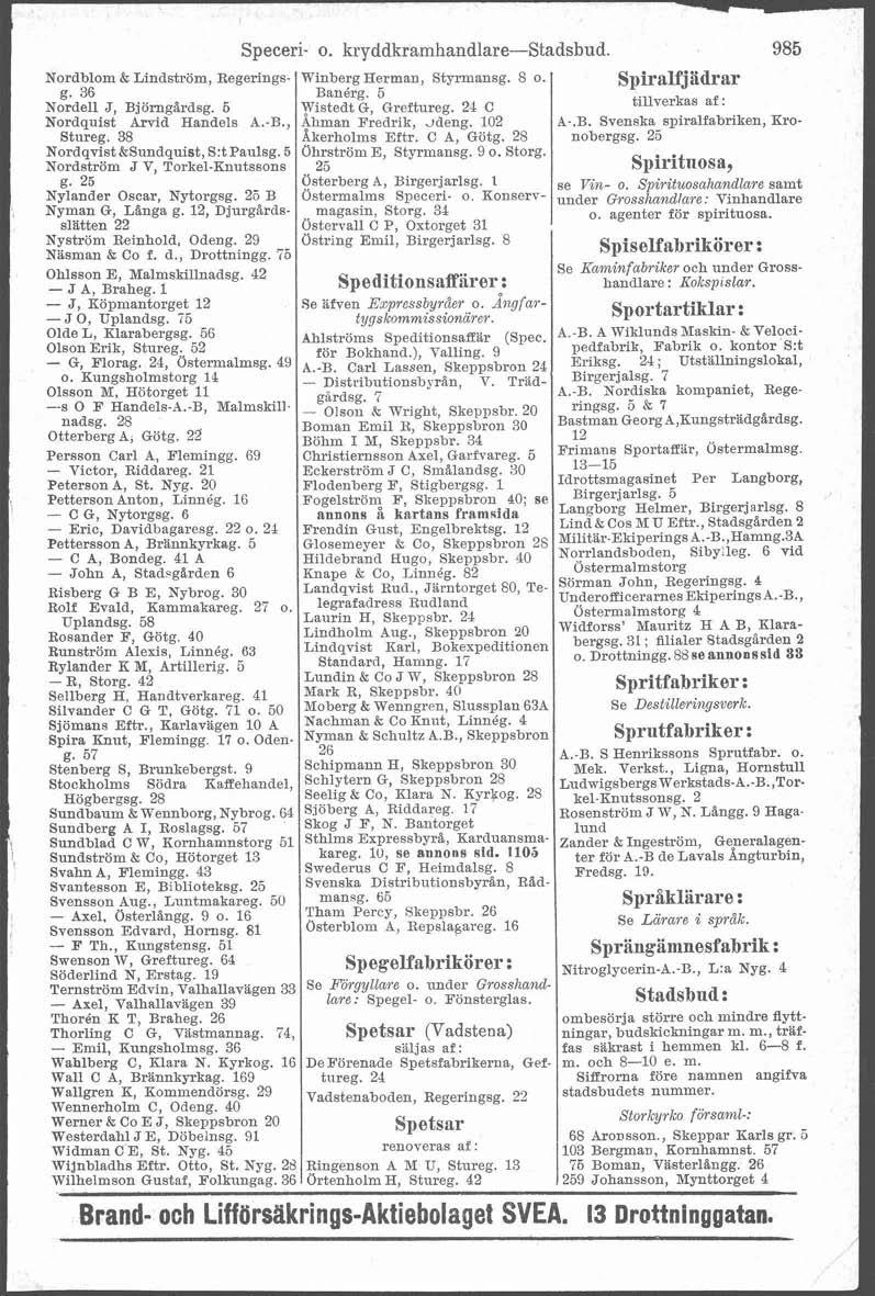 4 Speceri- o. kiyddkramhandlare-stadsbud. Nordblom &. Lindström, Regerings- Winberg Herman, Styrmansg. S o. Nordell J, BjörngArdsg. 5 Banérg. 5 Wistedt G, Greftureg.