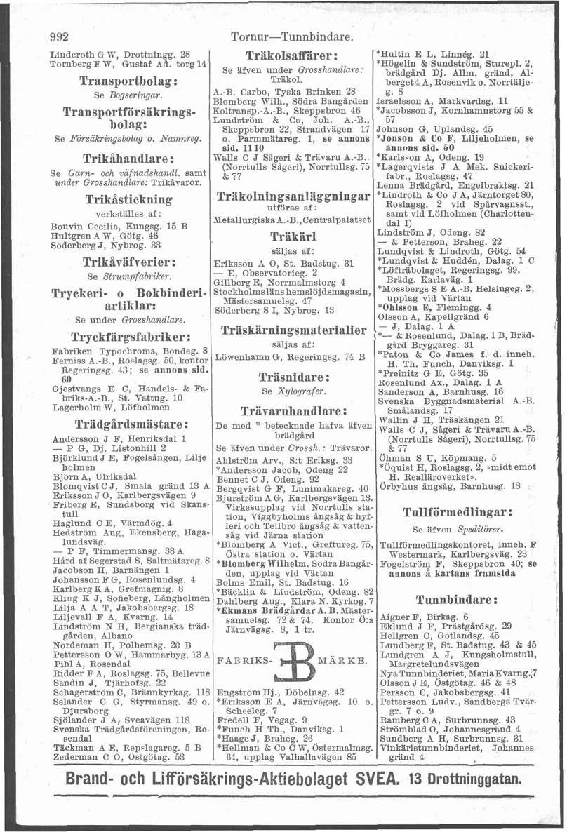 21 992 Tornur-Tunnbindare. Linderoth G W, Drottningg. 28 Träkolsafirer : 'Hultin E L, Linnég. 21 Tornberg F W, Gustaf Ad. torg l4 'Högelin & Sundström, Sturepl.