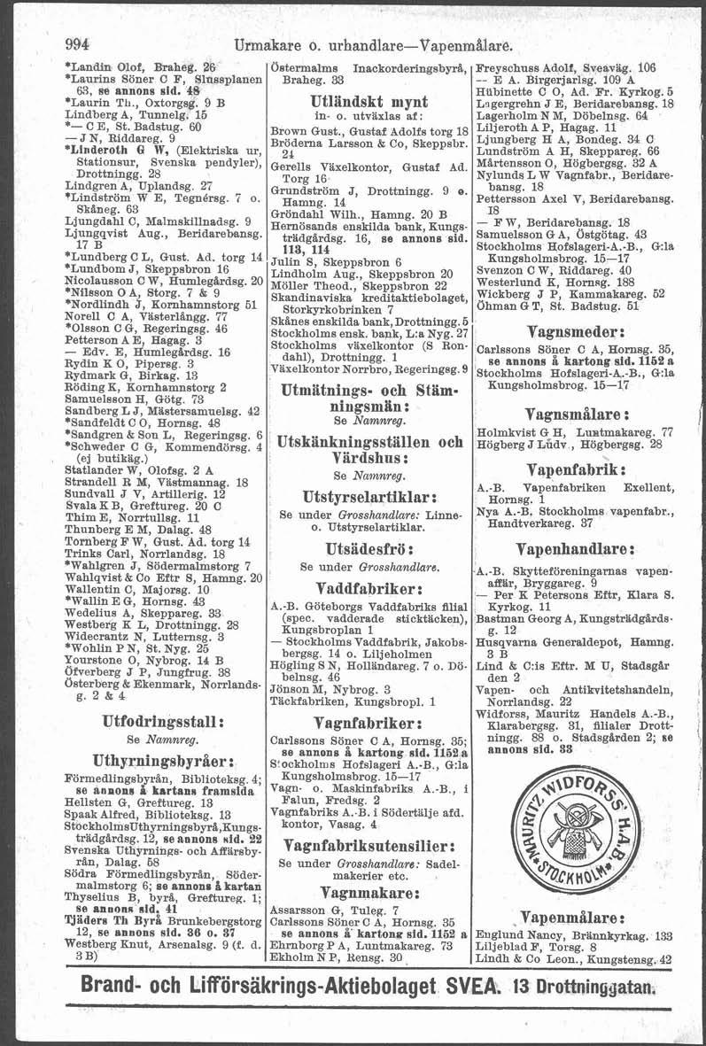 > 994 *Landin Olof, Brahes. 2b *Laurins Söner C F, Slussplanen 6.3, m annons sid. 4% *Laurin TII., Oxtorgsg. 9 B Lindberg A, Tunnelg. 15 *- C E, St. Badstug. 60 ~rown ~ust.