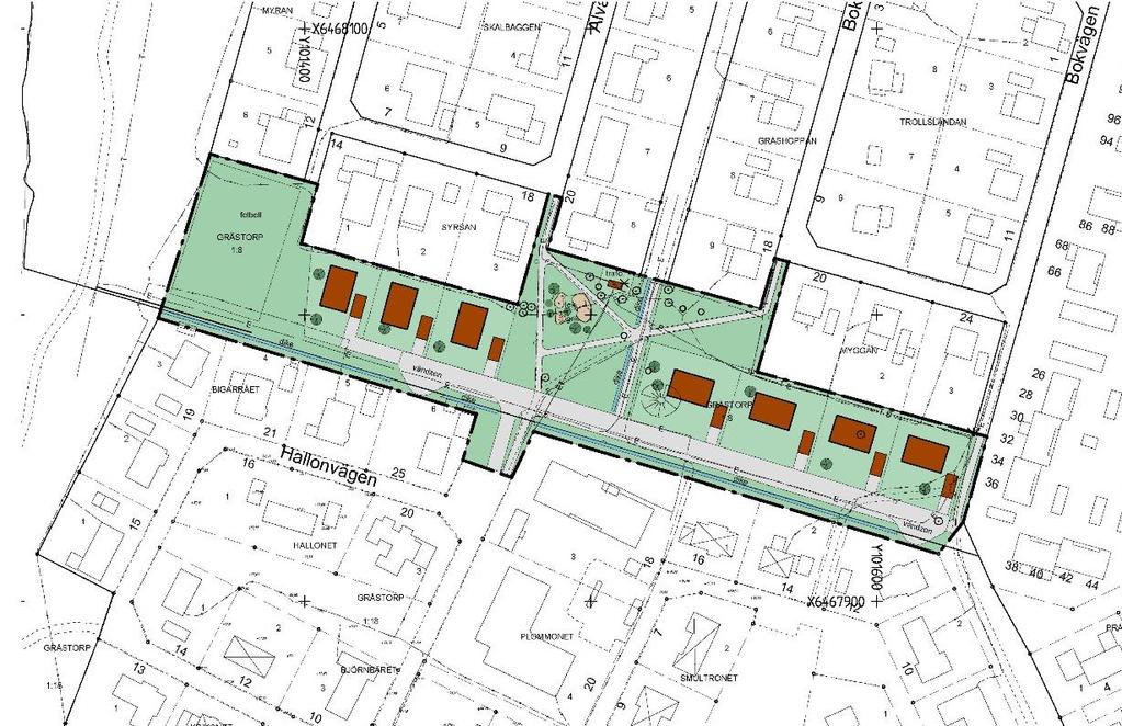 Befintlig bebyggelse utmed Alvägen De nya bostadskvarteren får tomter med en storlek om ca 600 930 m 2 där man får uppföra byggnad om max 175 m 2 (byggnadsarea).