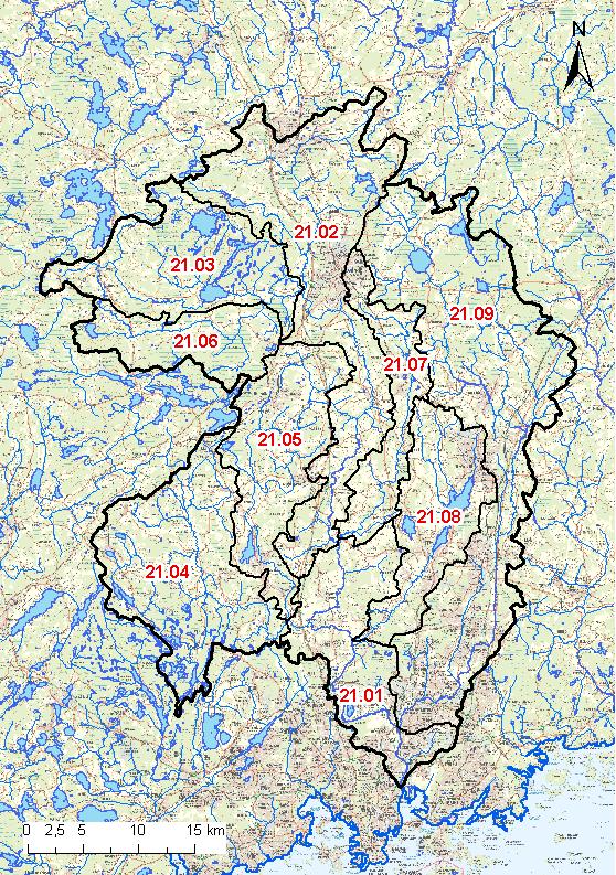 3 Affecto Finland Ab, Kartcentralen, Tillstånd L4659. SYKE Figur 1. Vanda ås avrinningsområde. Tabell 1. Vanda ås delavrinningsområden. Delområde Areal km 2 Andel sjöar % Sjöar 21.