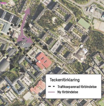I anslutning till Husbybadet föreslås en gemensam gång- och cykelbana längs Helsingforsgatan till Nykarlebygatan (se lila sträckning i figur 9).