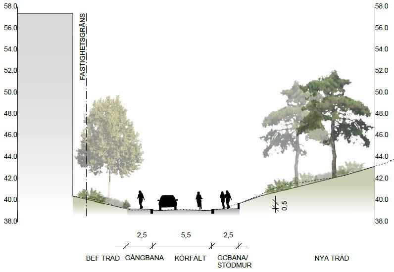 Längs Bergengatan planeras dubbelsidiga gångbanor, trots detta kan många av de befintliga träden på sträckan bevaras. Även nya träd föreslås planteras.