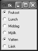 pack(side=bottom,fill=x) Kontrollvariabler Används för att smidigt hantera data från widgets. Kan kopplas till flera widgets som därmed hålls synkroniserade.