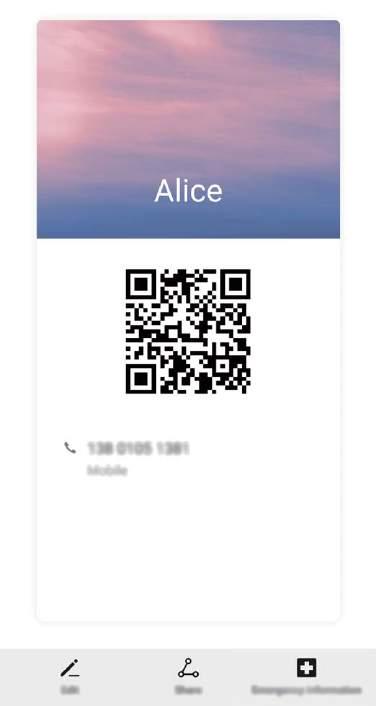 Kontakter automatiskt ditt QR-kod-visitkort. Du kan dela ditt visitkort direkt med hjälp av QR-koden. Alternativt, peka på, välj en delningsmetod och följ anvisningarna på skärmen för att dela.