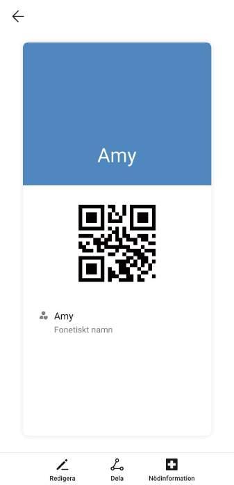 Kontakter automatiskt ditt QR-kod-visitkort. Du kan dela ditt visitkort direkt med hjälp av QR-koden. Alternativt, peka på, välj en delningsmetod och följ anvisningarna på skärmen för att dela.