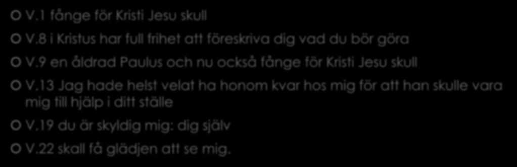 Paulus V.1 fånge för Kristi Jesu skull V.8 i Kristus har full frihet att föreskriva dig vad du bör göra V.