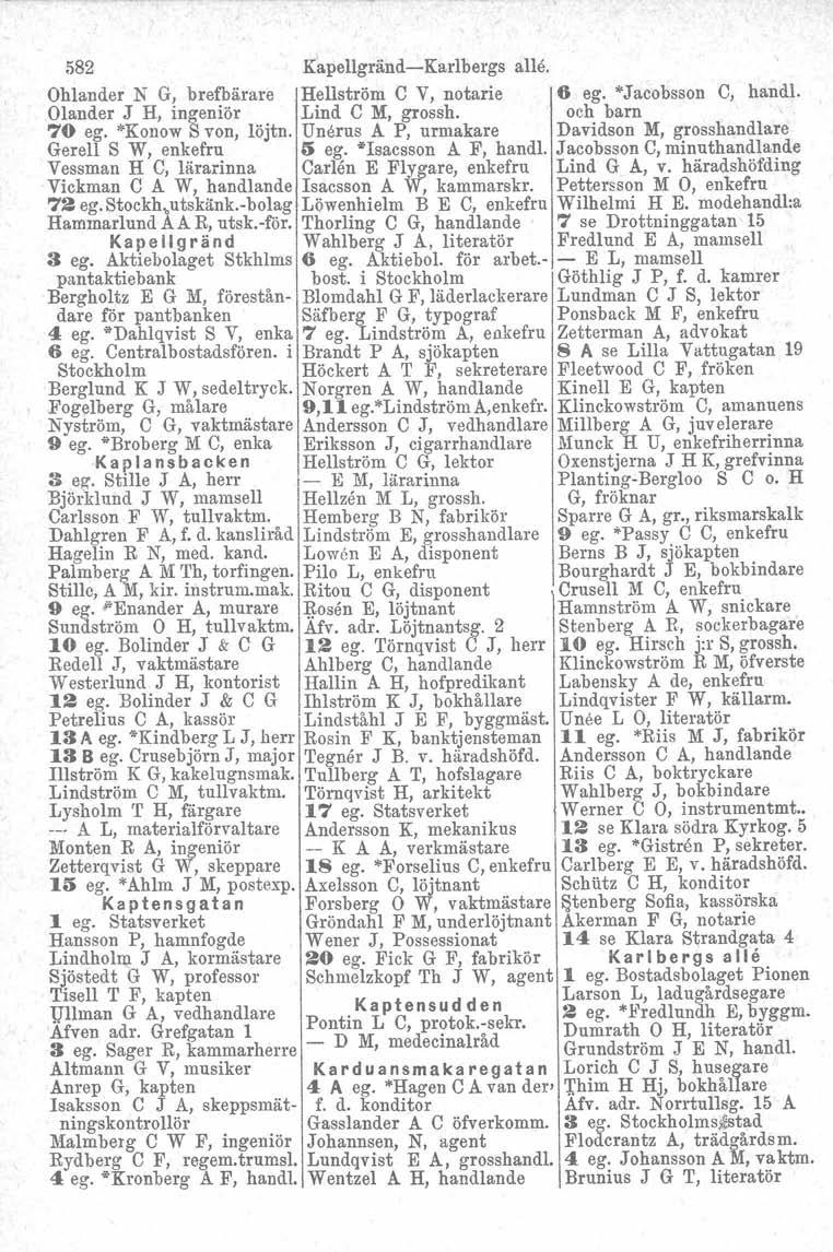 582 Kapellgränd-Karlbergs alle. Ohlander N G, brefbärare Hellström C V, notarie 6 ego "'Jacobsson C, handl. Olander J H, ingeniör Lind C M, grossh. och barn 70 ego "'Konow S von, löjtn.
