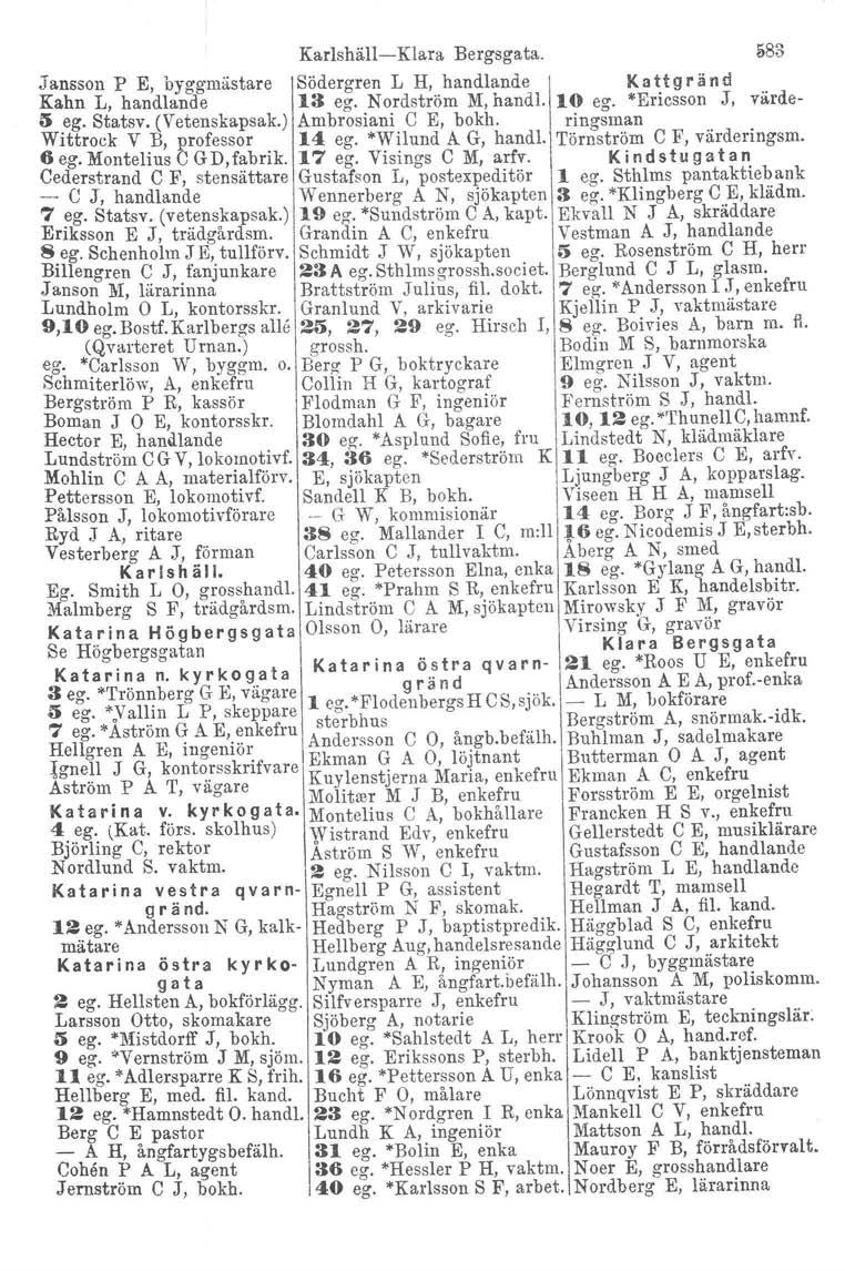 Karlshäll-Klara Bergsgata. &83 J ansson P E, byggmästare Södergren L H, handlande \ Ka tt g r ii n d Kahn L, handlande 13 ego Nordström M, handl. 10 ego "'Ericsson J, värde- :i ego Statsv.