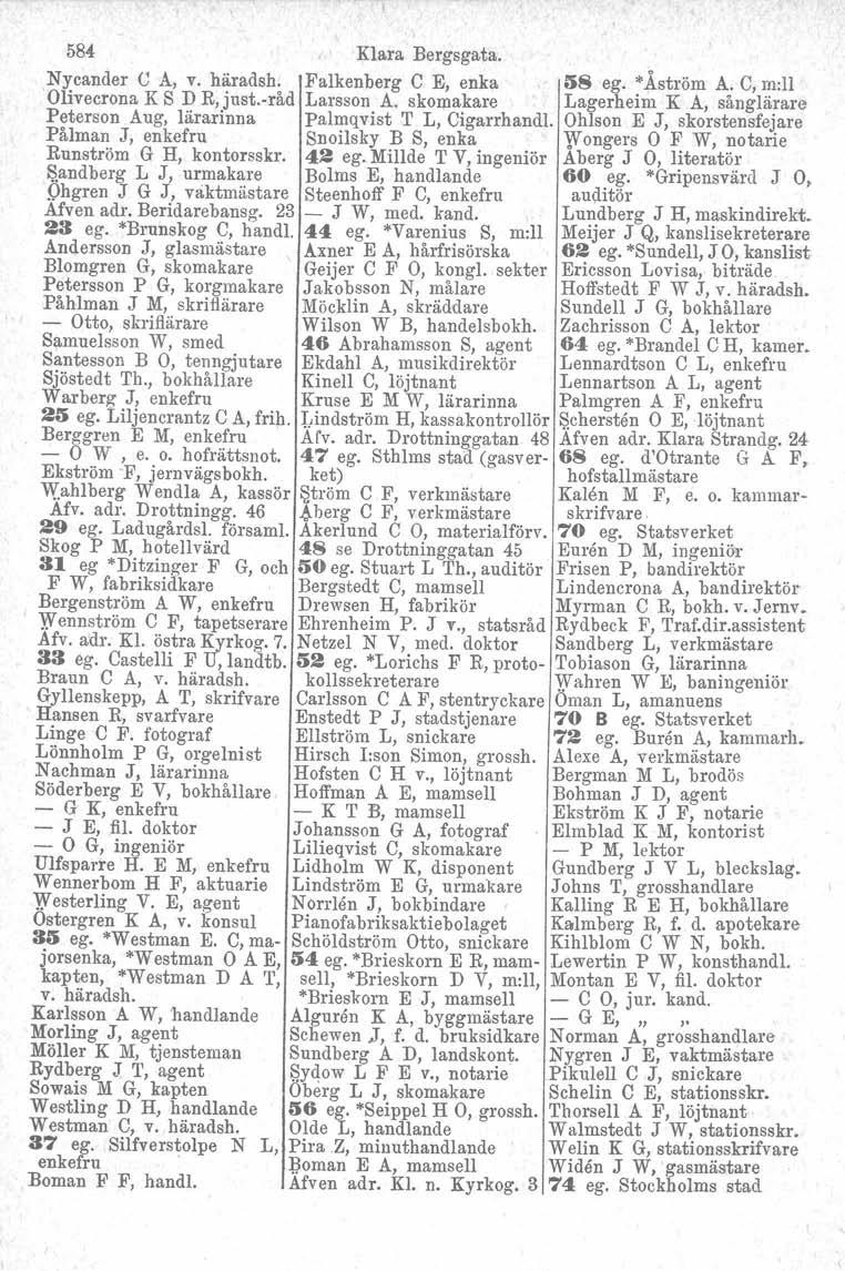 584 Klara Bergsgata. Nycander C A, v. håradsh. Falkenberg C E, enka 5S ego "'Åström A.