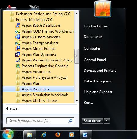 Start / All Programs / AspenTech / Process Modeling V7.