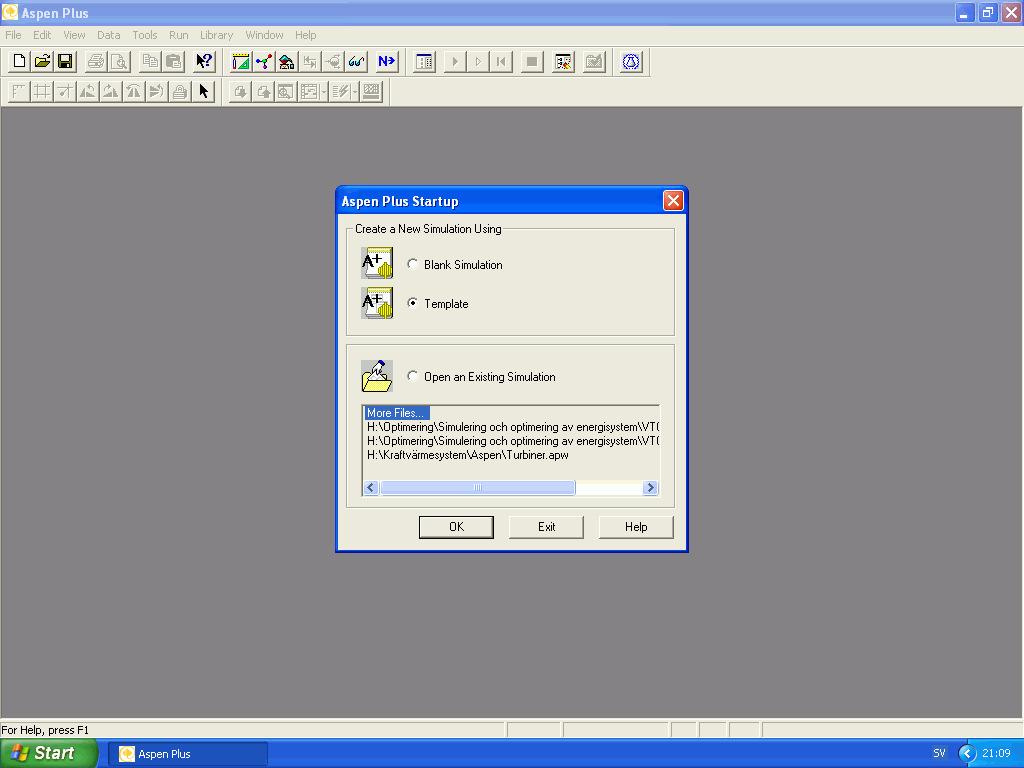 Skapa en ny simulering genom att välja Template, OK.