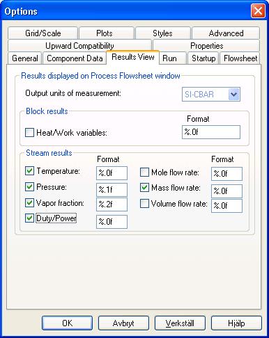 Gå in under Tools / Options. Flik Results View bocka för några intressanta storheter som senare visas i kopplingsschemat. Siffran mellan %.