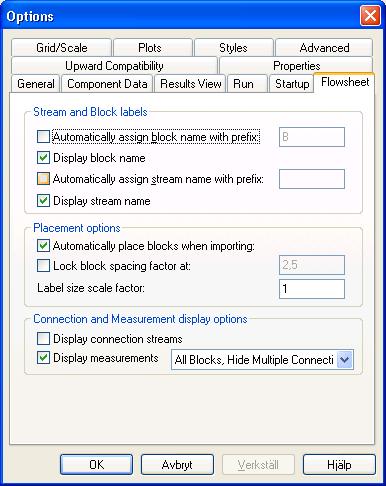 Välj fliken Flowsheet och ta bort bockarna vid Automatically assign.. (block och stream), OK Stäng menyn.