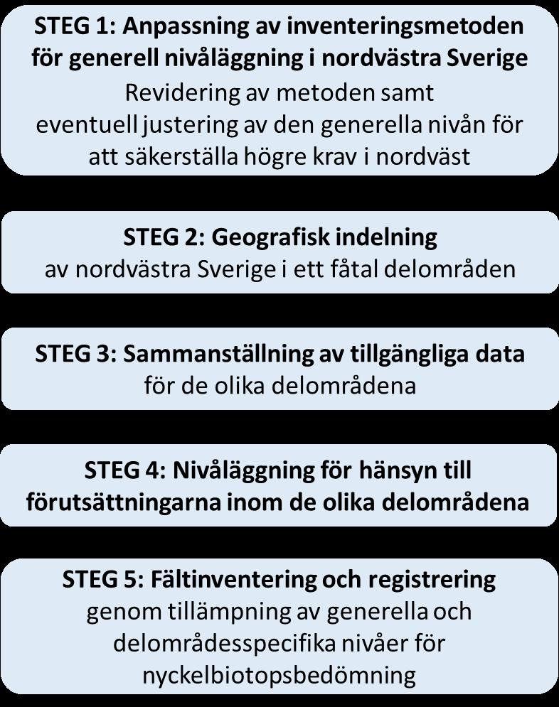Figur 7.1. Schematisk beskrivning av de olika steg om ingick i ansatsen som tillämpades för hänsynstagande till lokala och regionala förutsättningar i nyckelbiotopsinventeringen i nordvästra Sverige.