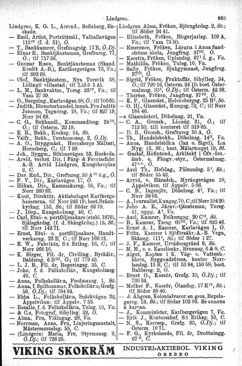 I Lindgren. _ 683 Lindgren 1 K. G. L., Arrend., skede, Sofleberg, En- Lindgren. Alma, Fröken, tlf Söder 24 41. Björngårdsg. 2, Sä.; - Emil, Artist, Porträttmål.