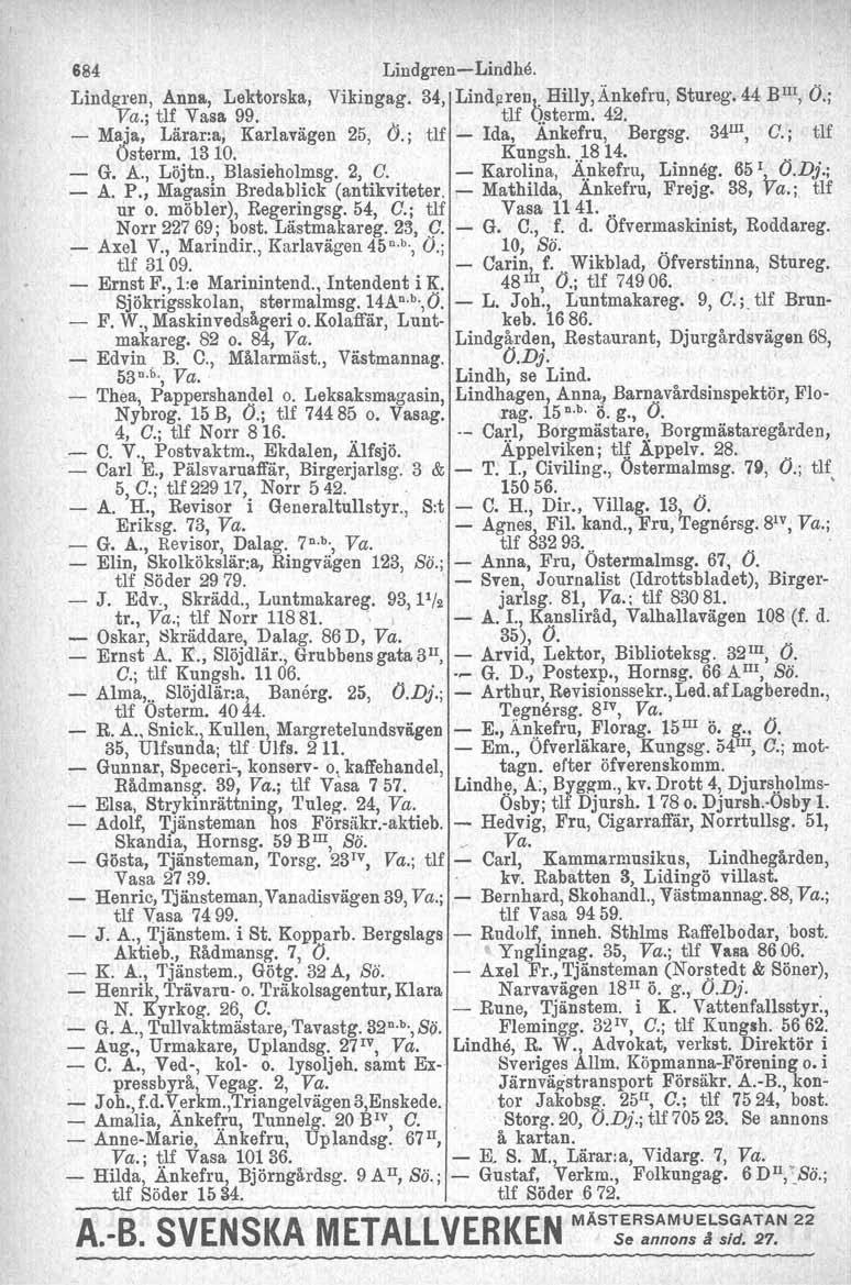 684 Lindgren-Lindhe. Lindgren, Anna, Lektorska. Vikingag. 34, Lind~renk Hilly,Änkefru, Stureg. 44 BIII, Ö.; Va.; tlf Vasa. 99.. tlf Qsterm. 42. - Maja, Lärar:a, Karlavägen 25, (j.